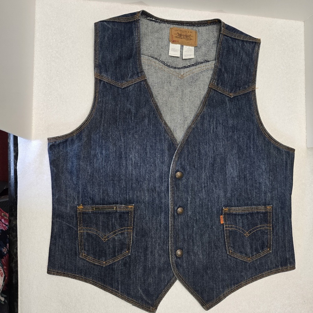 Vintage 1970 Levi Strauss 60506-0916 Orange Tab Denim Vest Size L 3 Snap Button